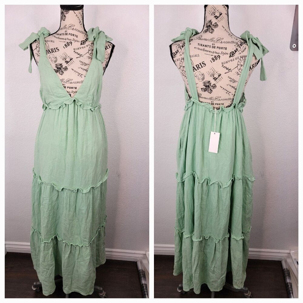 BTFL-LIFE Maxi Dress Womens Small Gauze SURPLICE Green TIERED Resort NEW NWT